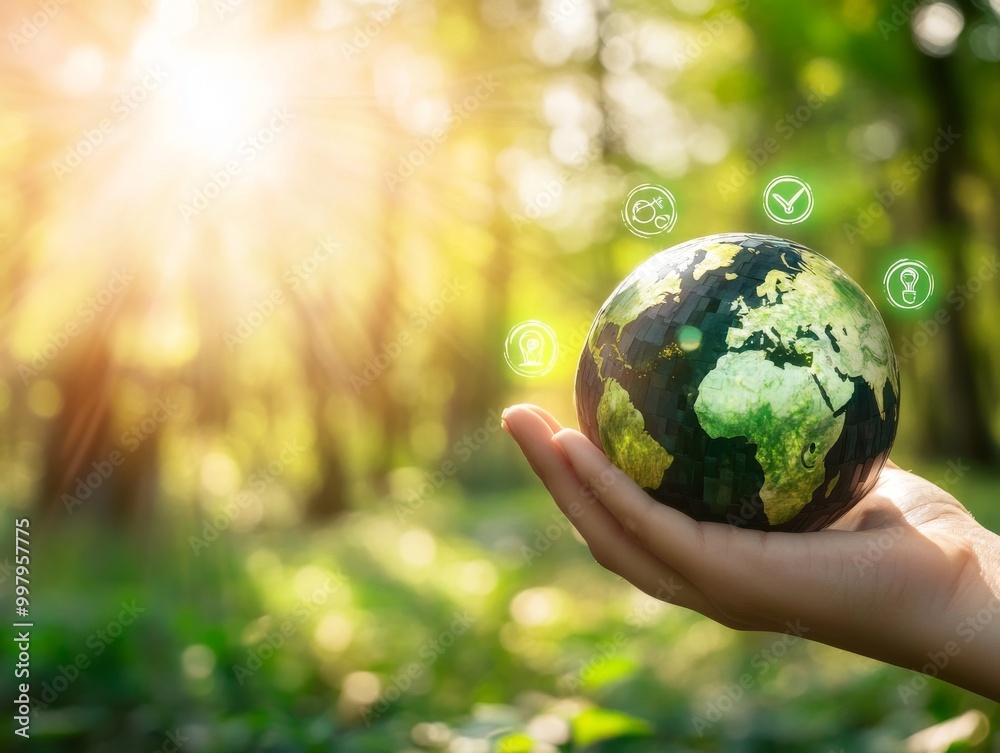 2408 129.A hand holds a handmade globe in the middle of a sunlit forest, with green energy icons faintly glowing around it. The image reflects the connection between environmental care, renewable 2408 129.A hand holds a handmade globe in the middle of a sunlit forest, with green energy icons faintly glowing around it. The image reflects the connection between environmental care, renewable