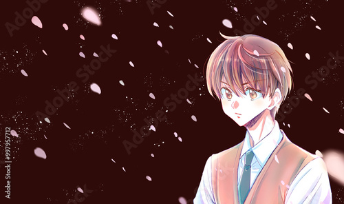 風になびく学生　真剣　桜吹雪