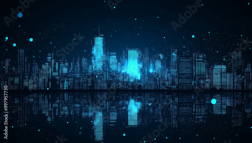 blue city skyline with reflection