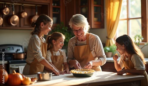 A grandmother and her grandchildren prepare a traditional Thanksgiving pie together in the kitchen photo