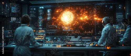 Scientists Monitoring Space Event on Digital Displays in Futuristic Lab photo