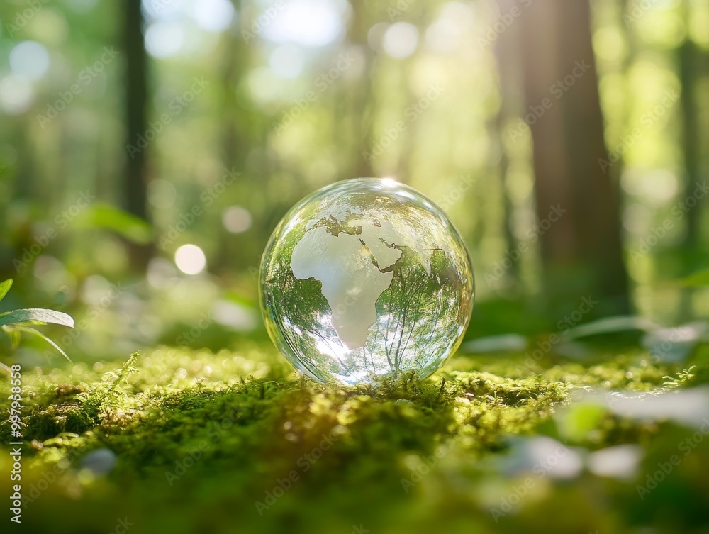 2408 146.A crystal-clear globe rests on vibrant green moss in the heart of a forest, symbolizing the importance of protecting nature. The scene reflects the themes of environmental sustainability, 2408 146.A crystal-clear globe rests on vibrant green moss in the heart of a forest, symbolizing the importance of protecting nature. The scene reflects the themes of environmental sustainability,