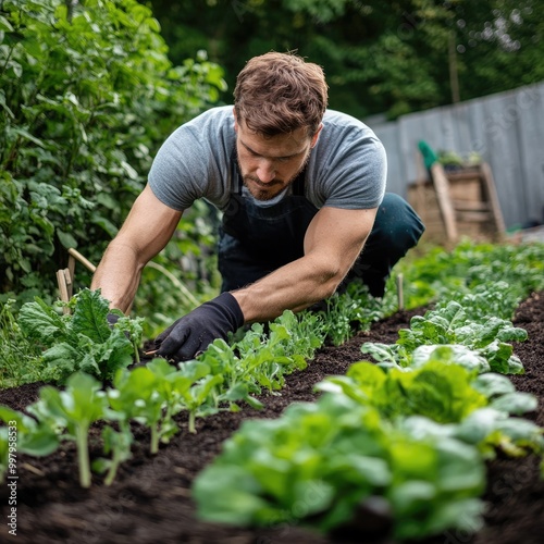 Man Gardening in His Backyard, Focused on Planting Organic Vegetables