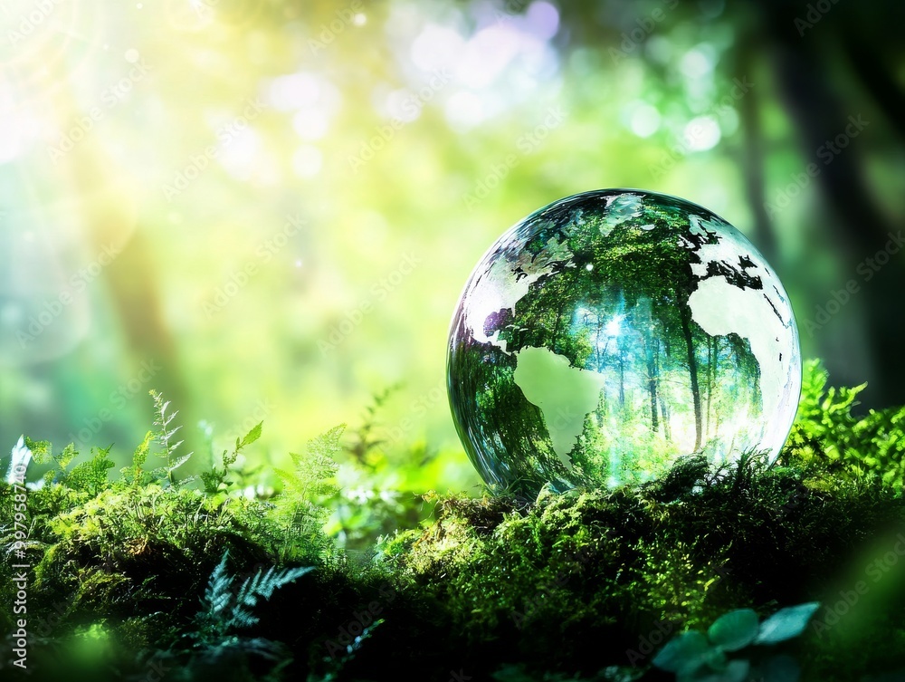 2408 149.A clear glass globe rests on vibrant moss in a forest, illuminated by dappled sunlight. The scene represents the global responsibility for environmental care, echoing the principles of ESG 2408 149.A clear glass globe rests on vibrant moss in a forest, illuminated by dappled sunlight. The scene represents the global responsibility for environmental care, echoing the principles of ESG