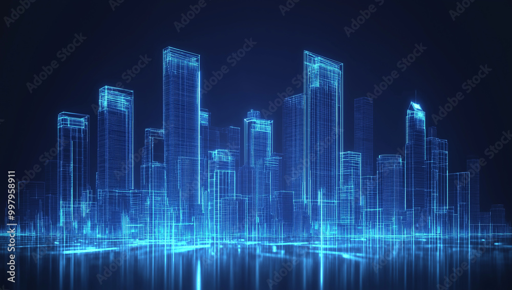 blue city skyline with reflection blue city skyline with reflection