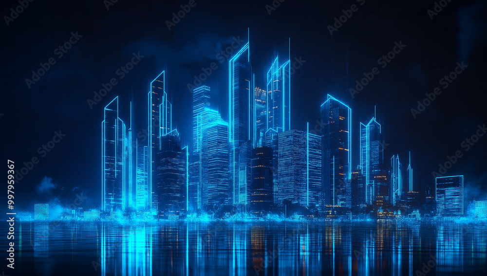blue city skyline with reflection blue city skyline with reflection