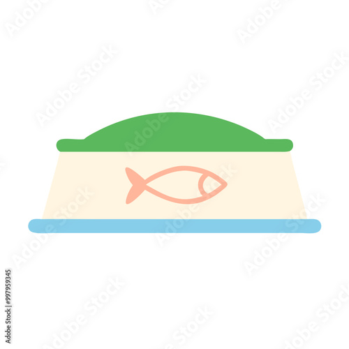 Minimalist Icon of Cat Food in Pastel Green, Blue, and Peach Tones