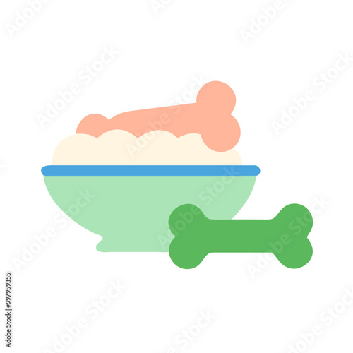 Minimalist Icon of Dog Food with Stylized Bone in Pastel Green, Blue, and Peach Tones