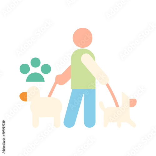 Minimalist Icon of Time for a Walk with Pets in Pastel Green, Blue, and Peach Tones