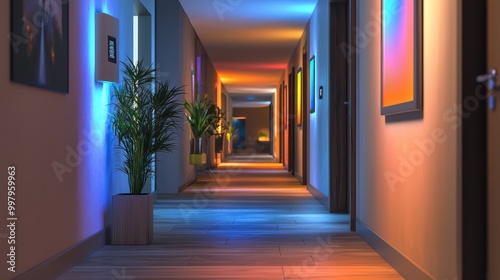 A hallway with a smart lighting system that illuminates based on movement and adjusts light color to time of day or mood