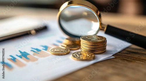Business prosperity and asset management concept, Real estate investment marketing analysis, Stack of coins on wooden table with magnifying glass and business icon. Residential development project.