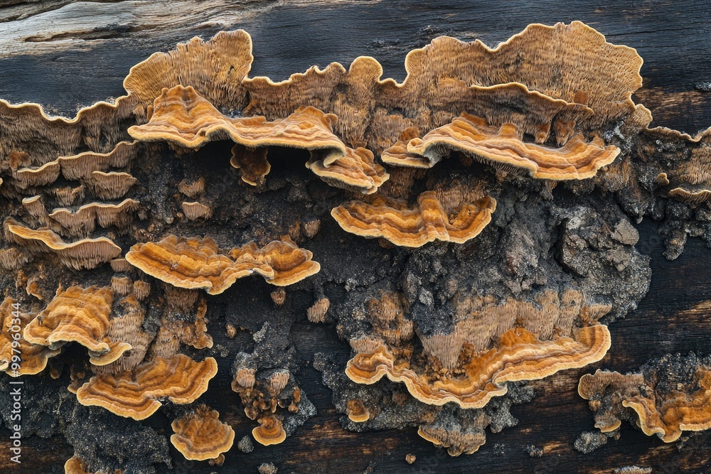 Fungal growth texture on decaying wood, with intricate, spongy surfaces in earthy tones Fungal growth texture on decaying wood, with intricate, spongy surfaces in earthy tones