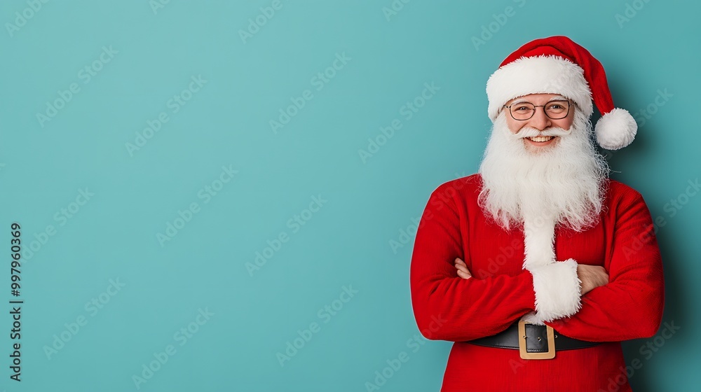 A cheerful Santa Claus stands confidently against a bright background, embodying the festive spirit of Christmas. A cheerful Santa Claus stands confidently against a bright background, embodying the festive spirit of Christmas.