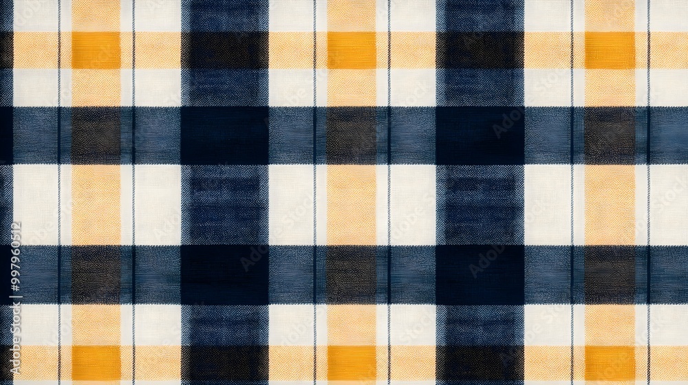 A colorful plaid pattern featuring navy blue, white, and orange squares, creating a vibrant textile design. A colorful plaid pattern featuring navy blue, white, and orange squares, creating a vibrant textile design.