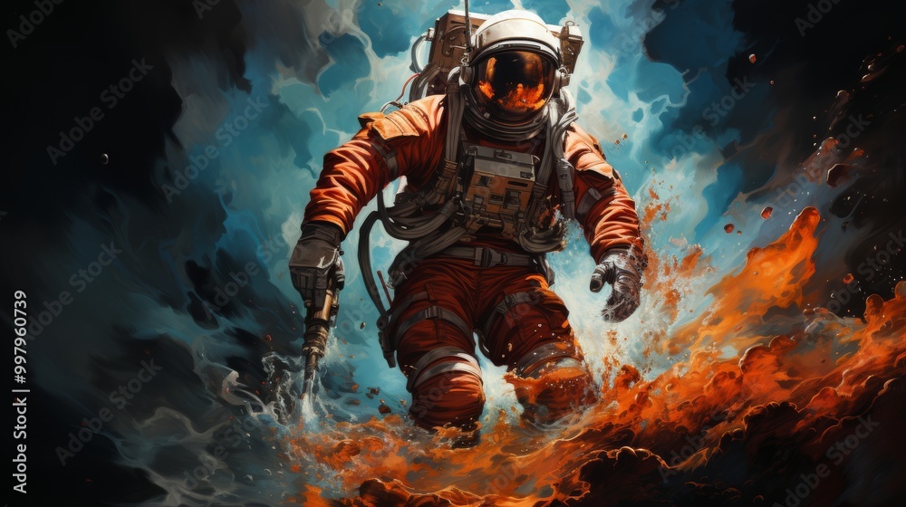 Fototapeta premium A man in a spacesuit is standing on a rocky surface