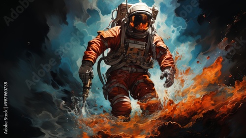 A man in a spacesuit is standing on a rocky surface