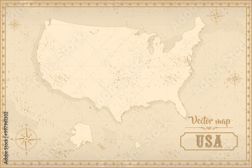 Map of United States in the old style, brown graphics in retro fantasy style