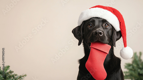 A black Labrador dog wearing a festive Santa hat, playfully holding a red Christmas stocking in its mouth, surrounded by holiday decorations. photo