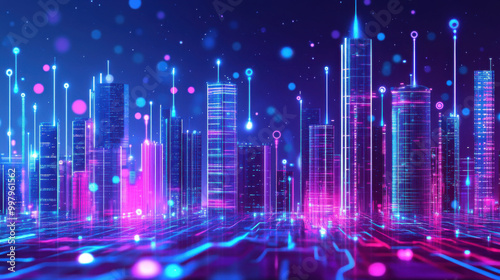 Neon Cityscape Illustration: Digital Connections and Glowing Skyscrapers Symbolizing Tech's Urban Influence