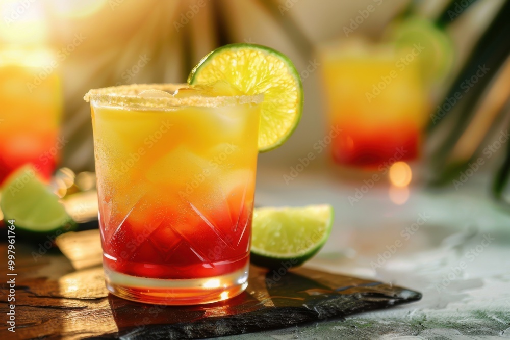 Fototapeta premium Oat milk Tequila Sunrise with oat milk and lime, served in a stylish glass, wholesome background, copy space
