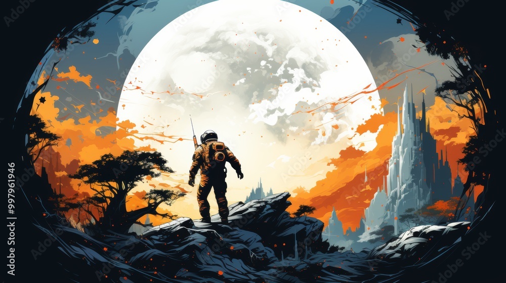 A man in a space suit stands on a rocky hillside in front of a large moon A man in a space suit stands on a rocky hillside in front of a large moon