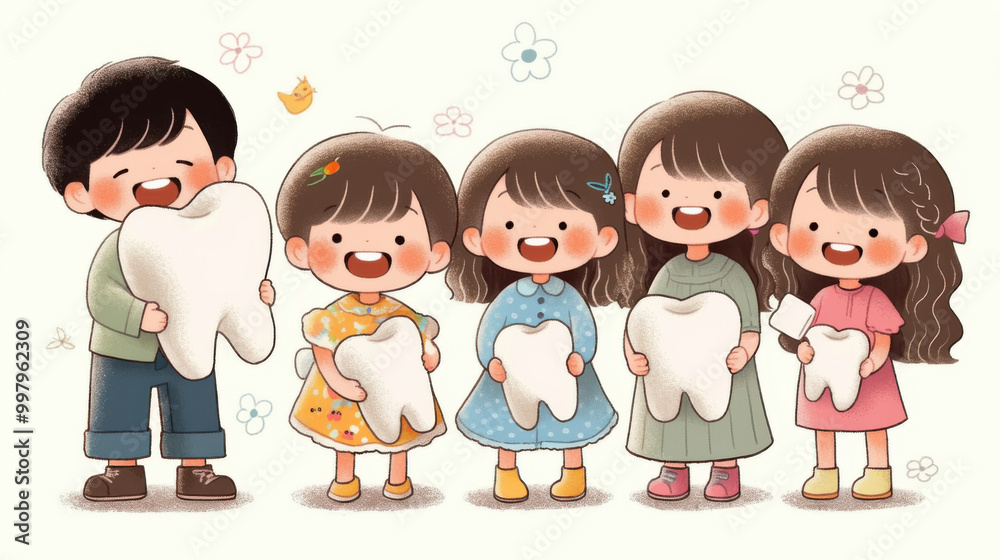 Cartoon family with children learning dental care while holding tooth model, smiling illustration of childhood education on oral hygiene.