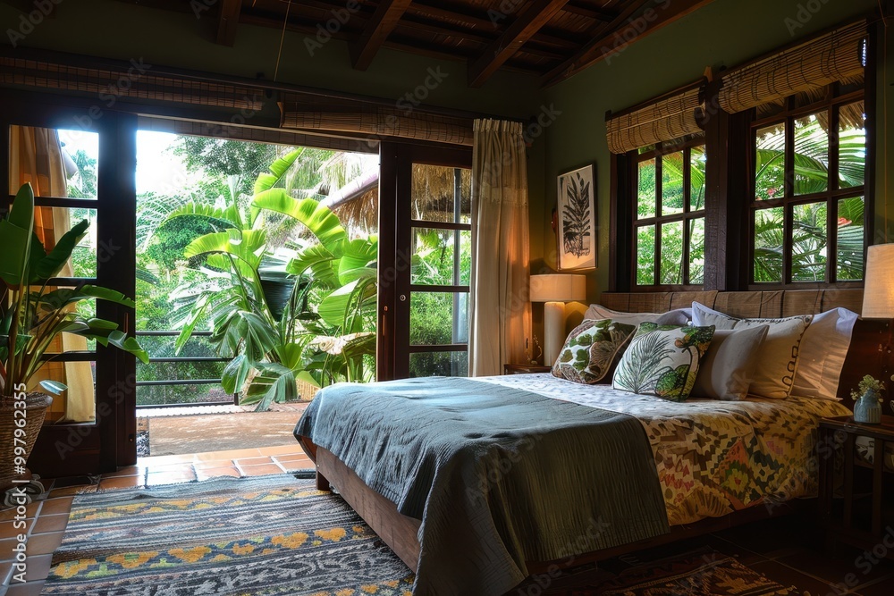 A bedroom with a large bed and a window with a plant in it A bedroom with a large bed and a window with a plant in it