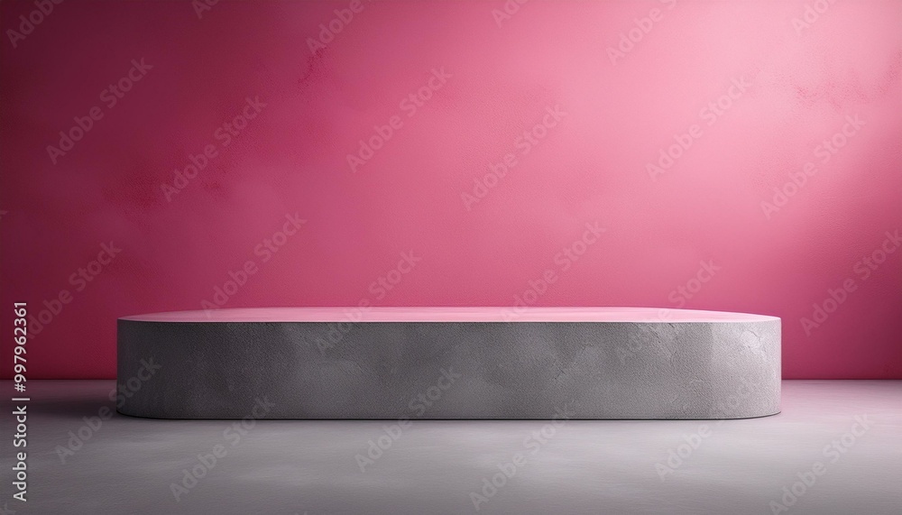 Studio with podium for product presentation. Empty floor and pink wall with stand. 3D room with gradient background. Countertop with concrete or marble texture Studio with podium for product presentation. Empty floor and pink wall with stand. 3D room with gradient background. Countertop with concrete or marble texture