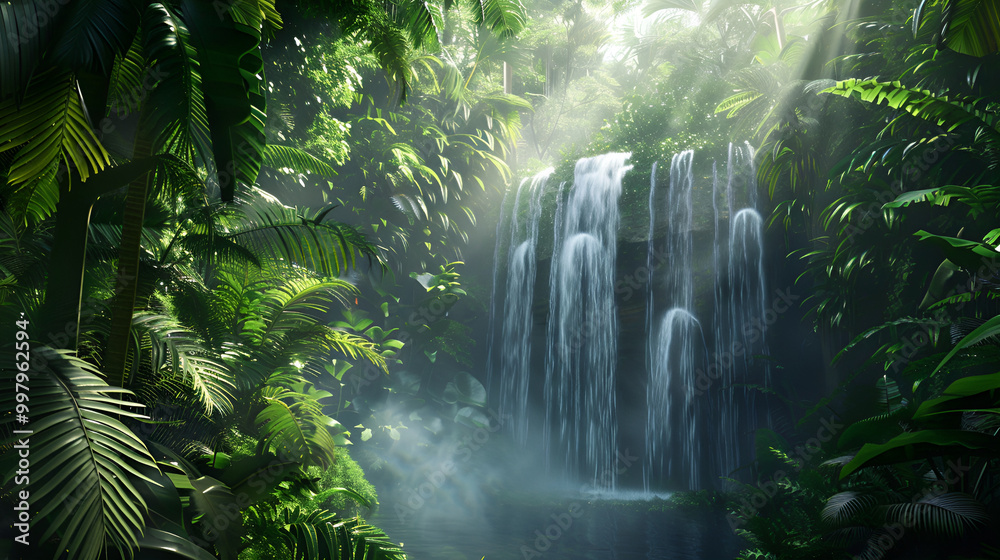 Lush Rainforest Waterfall with Sunlight Streaming Through Canopy Lush Rainforest Waterfall with Sunlight Streaming Through Canopy
