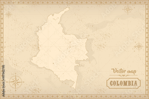Map of Colombia in the old style, brown graphics in retro fantasy style