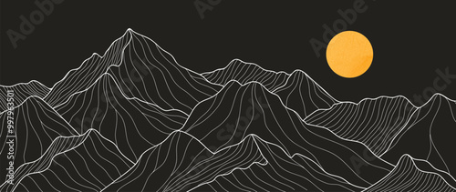 Black and white mountain line arts and gold moon wallpaper, luxury landscape background design for cover, invitation background, packaging design, fabric, and print. Vector illustration.