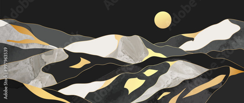 Black and white mountain gold line arts and moon wallpaper, luxury landscape background design for cover, invitation background, packaging design, fabric, and print. Vector illustration.