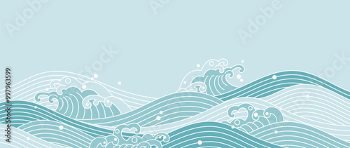 Japanese sea wave background vector. Wallpaper design with white line art and blue ocean wave pattern backdrop. Modern luxury oriental illustration for cover, banner, website, decor, interior.