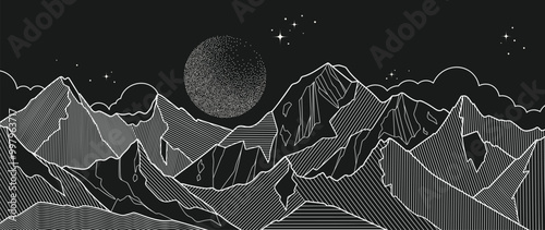 Black and white mountain line arts and moon spot texture wallpaper, luxury landscape background design for cover, invitation background, packaging design, fabric, and print. Vector illustration. photo