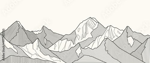 Black and white mountain line arts wallpaper, luxury landscape background design for cover, invitation background, packaging design, fabric, and print. Vector illustration.