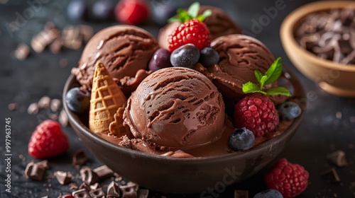 Chocolate ice cream with fruit and cone 