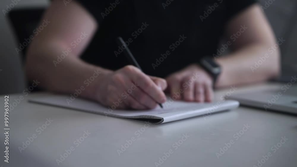 Man Working on Laptop and Taking Notes in Notebook Man Working on Laptop and Taking Notes in Notebook