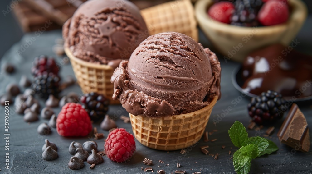 Chocolate ice cream with fruit and cone 