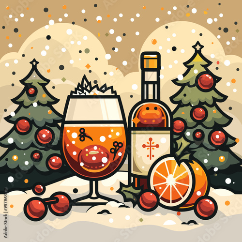 Merry Christmas and Happy New Year greeting card. Drinks for the New Year in beautiful glasses and decor.