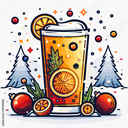 Merry Christmas and Happy New Year greeting card. Drinks for the New Year in beautiful glasses and decor.