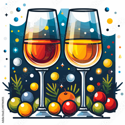 Merry Christmas and Happy New Year greeting card. Drinks for the New Year in beautiful glasses and decor.