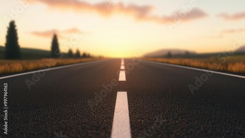 Open road leading towards a hazy skyline at sunrise, soft light bathing the highway, captured in ultrarealistic 8K, perfect focus, smooth road surface