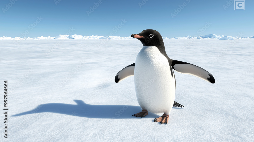Fototapeta premium Curious Penguin Approaching a Camera on the Snowy Antarctic Tundra