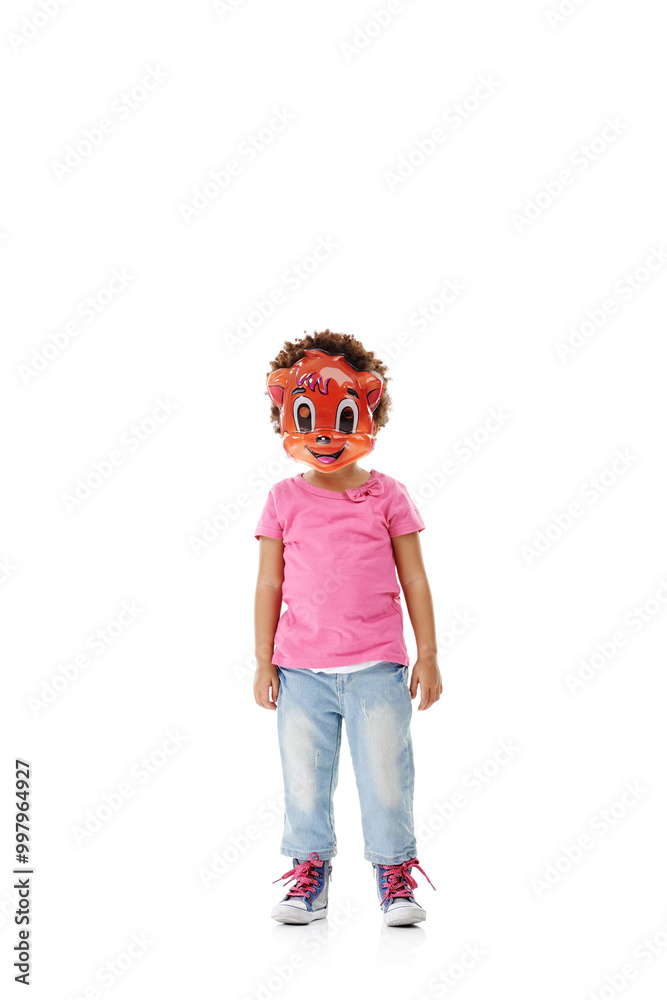 Mask, costume and child on a white background in studio for cosplay, character outfit and cartoon. Mockup space, fashion and isolated young kid with disguise for Halloween, party and hidden identity Mask, costume and child on a white background in studio for cosplay, character outfit and cartoon. Mockup space, fashion and isolated young kid with disguise for Halloween, party and hidden identity