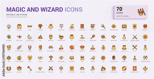 Magic icons set. Color style pictogram pack. Signs, line icon for web and ui. Outline icon collection, Vector illustration. Icon names are written in English.