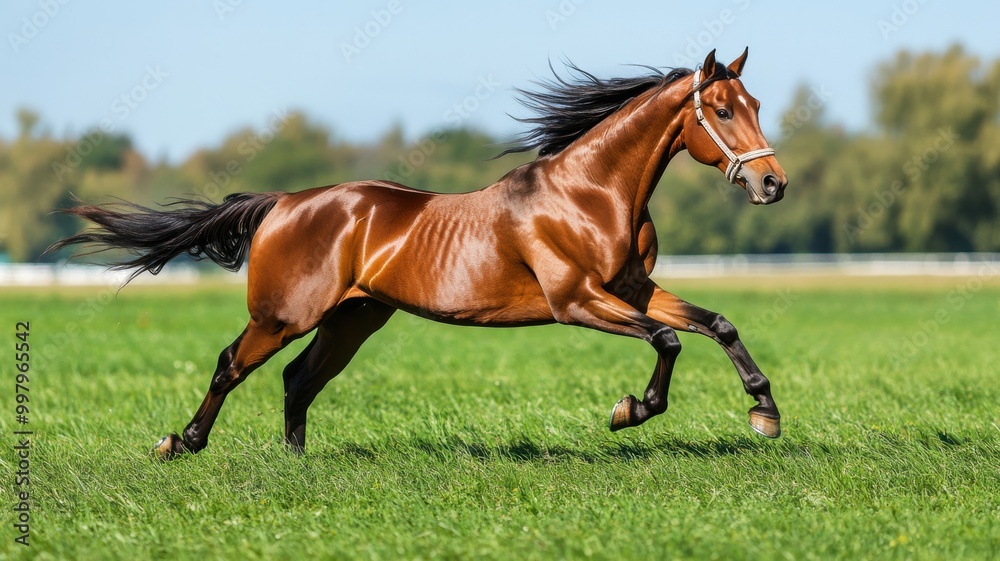 A brown horse running gracefully across a green field under a clear blue sky. A brown horse running gracefully across a green field under a clear blue sky.
