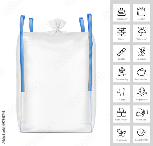 Flexible intermediate bulk container big bag with top skirt mockup. High realistic. Vector illustration isolated on white background. Ready for use in presentation, promo, advertising. EPS10.	