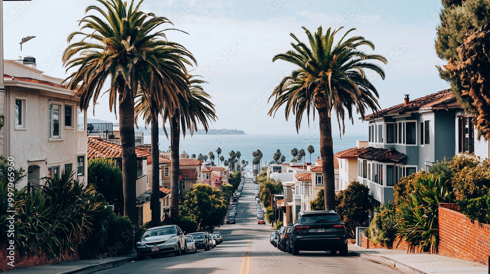 Obraz premium Vintage Palm Tree Lined Boulevard in the Heart of a Coastal City