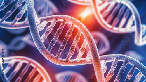 Macro shot of a DNA model with colorful twisted strands, vibrant molecular biology close-up, stock photo