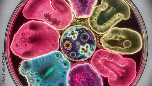 Colorful bacterial colonies forming intricate patterns in a petri dish, close-up microbiology science image, stock image